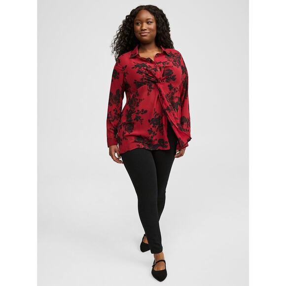 Torrid Chiffon Twist Front Tunic Blouse Red Floral Button Up Long Sleeve Sz 3 - Picture 1 of 11